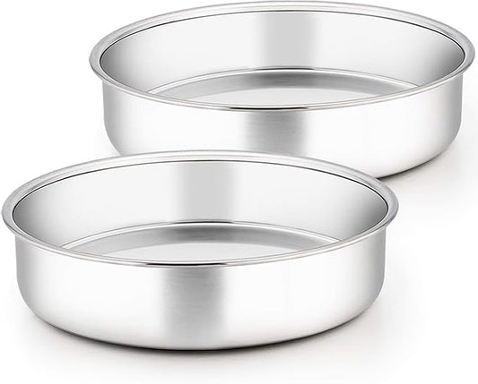TeamFar 9½ Inch Cake Pan, Round Tier Cake Pans Set Stainless Steel for Baking Steaming Serving, Perfect for Birthday Wedding Celebrations, Healthy & Sturdy, Mirror Finish & Dishwasher Safe - Set of 2
