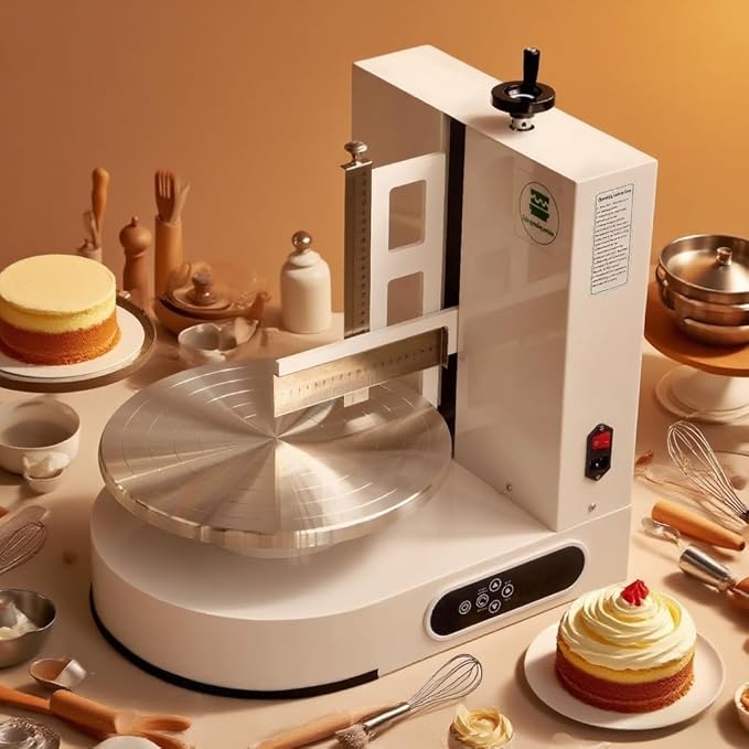 Semi Automatic Birthday Cake Smoothing Coating Machine, AC110V 6-14in Cake Cream Spreading Machine, Cakes Decorating Cream Coating Machine Turntable with Graduated Scraper, Baking Supplies (White)