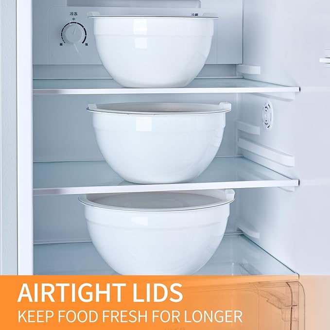 White Mixing Bowls with Airtight Lids, Stainless Steel Nesting Mixing Bowls Set of 7, Ideal for Baking, Prepping and Serving Food, Size 7, 3.6, 2.7, 2.1, 1.5, 1.1,0.8 QT, Stackable Design