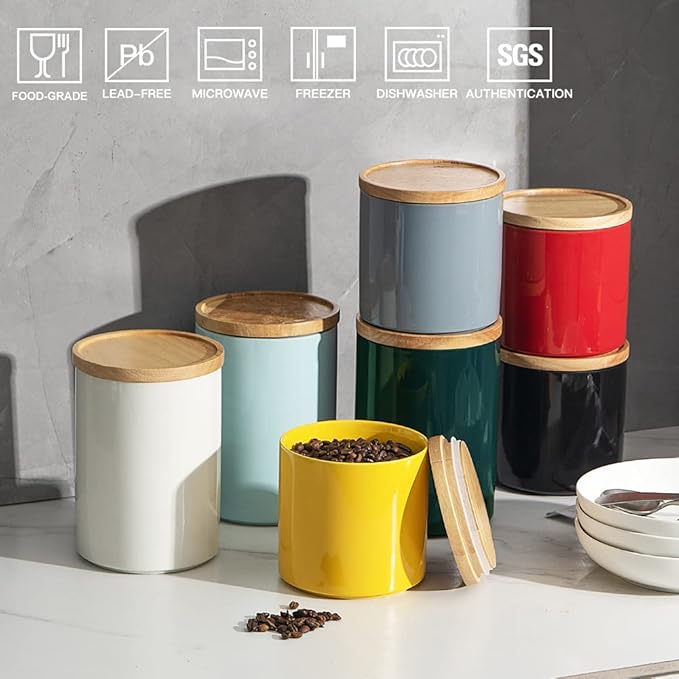 Sweejar Kitchen Canisters Ceramic Food Storage Jar, Stackable Containers with Airtight Seal Wooden Lid for Serving Coffee Bean, Flour, Tea, Spice and More - 39 Fl Oz (Black)