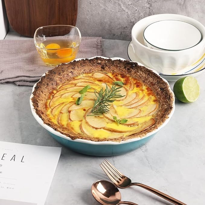 Sweejar Ceramic Pie Pan for Baking, 10 Inches Round Baking Dish for Dinner, Non-Stick Pie Plate with Soft Wave Edge for Apple Pie, Pumpkin Pie, Pot Pies (Beige)