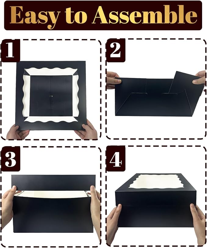 qiqee Black 12x12x8 Cake Box, 4 Sets Black Cake Box with Window ＆ 4 Sets 12" Black Cake Round Boards, 12inch Cake Containers