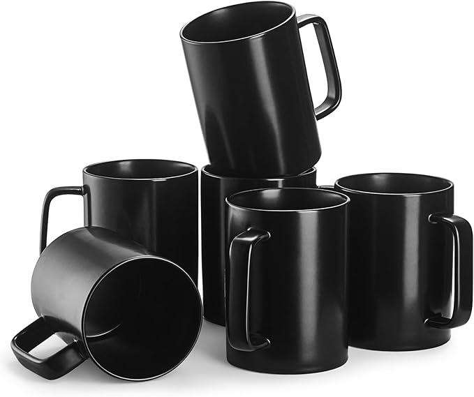Jassceram Coffee Mugs Set of 6, 18 Ounce Porcelain Mugs for Latte, Hot Tea, Cappuccino, Cocoa and Milk, Ceramic Coffee Cups with Large Handle - Dishwasher & Microwave Safe, Matte Black