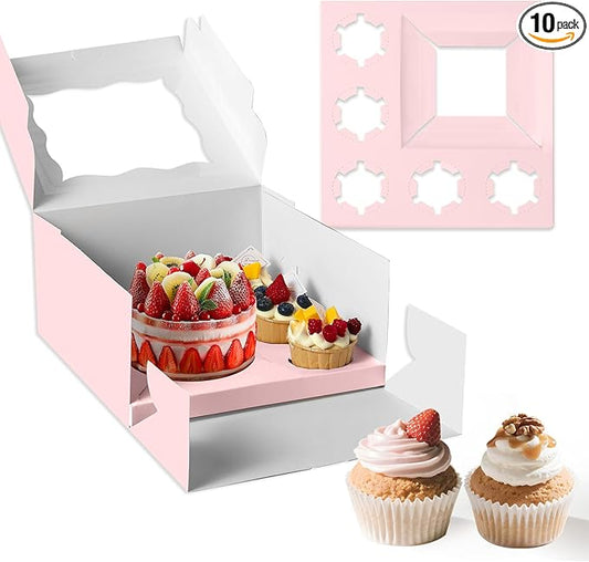 Pink 1+5 paper box 10pcs Bakery Boxes with Window,Stackable Cake and Cupcake Carriers, for Birthdays & Parties (Pink, 1+5(10Pack))