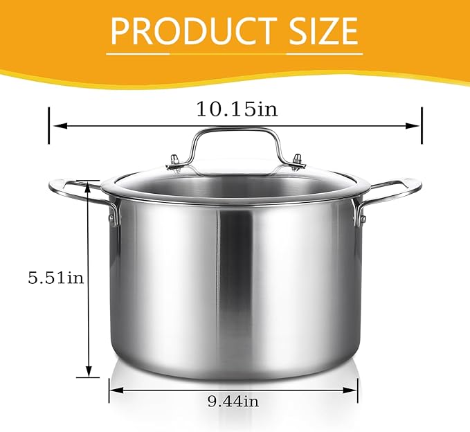 6-QT Stock Pot with Lid, Tri-Ply Stainless Steel for High Heat, Crock for Simmering, Clear Glass Lid, Double Handles, Dishwasher Safe
