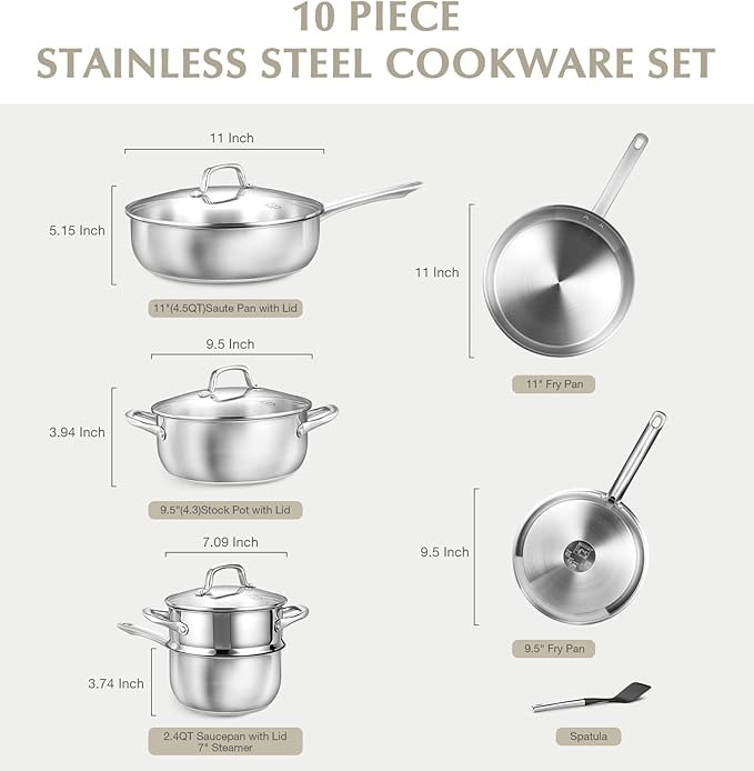 KOCH SYSTEME CS Stainless Steel Cookware Set 10 Piece, 18/10 Stainless Steel Pots and Pans Set for Professional Cooking, Kitchen Cookware Sets, Induction Compatible, Pots and Pans Set, Cooking Set