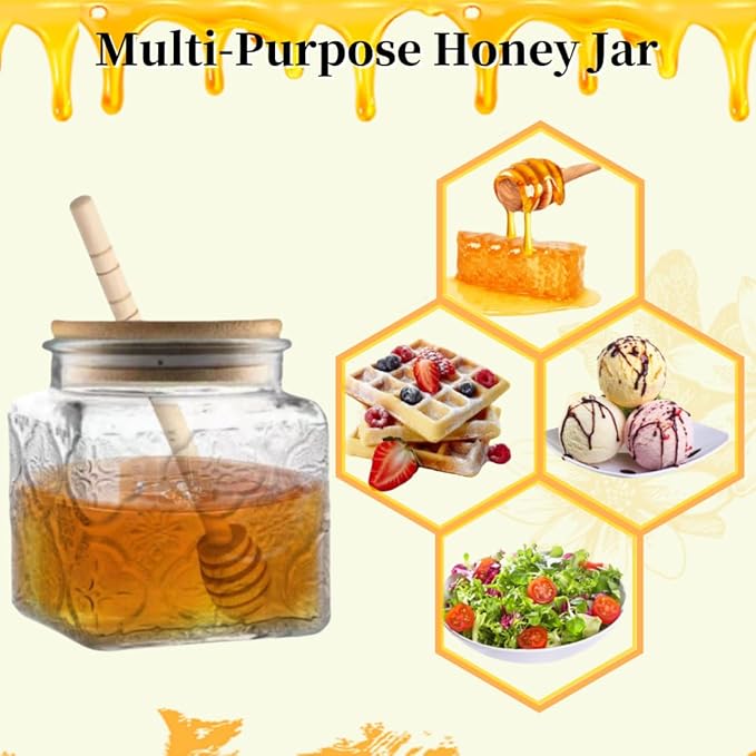 ANSQU Honey Pot, Airtight Glass Honey Jar with Bamboo Lid and Dipper Stick, Honey Container for Storing Jam Mason Jar for Home Kitchen, 17oz (Square Begonia, 1 Pack)