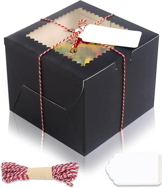 20Pcs Mini Cake Boxes with Window, 6x6x5 Inches Black Bakery Boxes, Small 4 Cupcake Boxes, Cake Packaging for Pastries, Cookies, Chocolates, Cupcakes, Birthday Party, Wedding