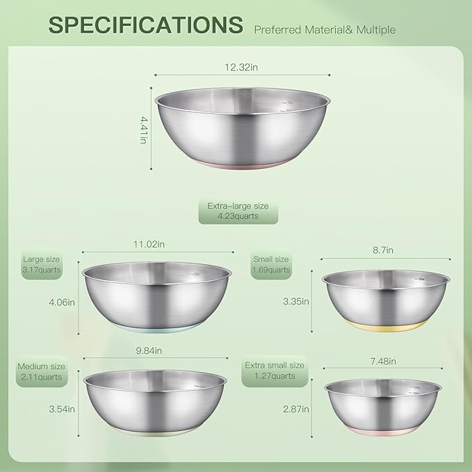 Stainless Steel Mixing Bowl Set - High - Quality, Durable and Rust - Resistant for Baking, Cooking, and Salad Making,Kitchen meal preparation,Great for Mixing & Serving,Anti slip silicone rubber base