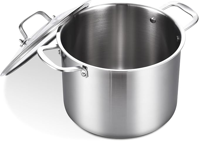 12-QT Stock Pot with Lid, Tri-Ply Stainless Steel for High Heat, Crock for Simmering, Clear Glass Lid, Double Handles, Dishwasher Safe