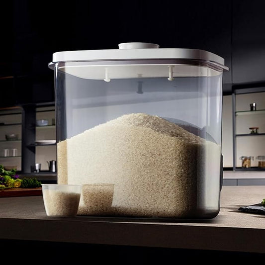 Rice Container - 25 Lbs/12KG/12L Rice Dispenser Storage with Measuring Cup Food Cereal Container Bins Pet Food Container Household for Kitchen Pantry Organization,White