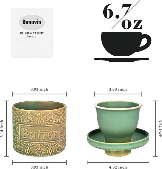 Butter Crock, Ceramic French Butter Dish with Lid for Countertop, Butter Keeper with Water Line for Fresh Spreadable Butter (Vintage Green)