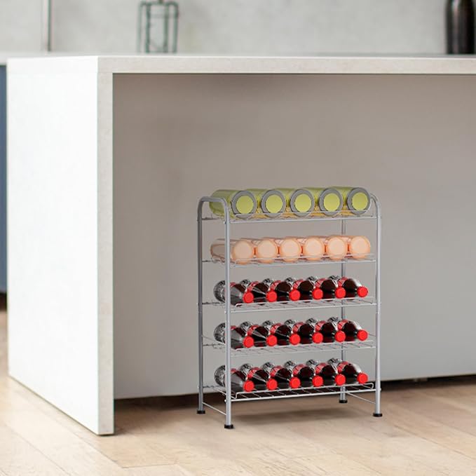 5 Tier Water Bottle Organizer Small Water Bottle Holder Stand Freestanding Metal Bottled Water Rack Dispenser for Kitchen, Pantry Organization and Storage, Silver