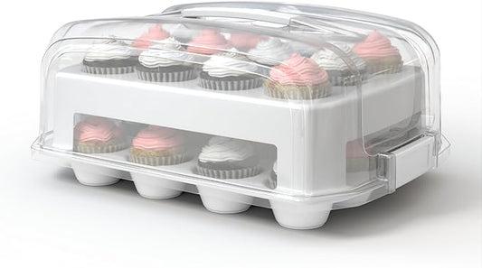 Cupcake Carrier, EXTRA LARGE LID, White Cupcake Holder Carries 24 Standard-Size Cupcakes, Muffin Traveler Two Tier Stand Reusable Cupcake Box