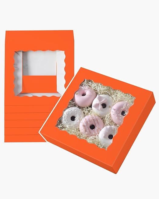 qiqee Auto-pop Up Orange Pie Boxes with Window 10x10x2.5 inch 30Packs Cookie Donut Bakery Box