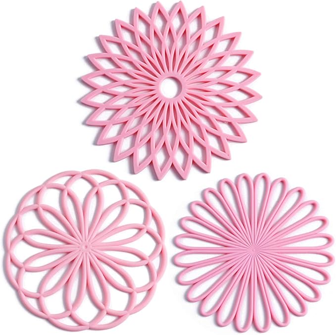 Set of 3 Silicone Trivet Mat - Table & Countertop Hot Pads - Non-Slip & Heat Resistant Modern Kitchen Pads for Pots & Pans, Pink