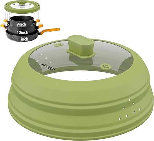 Microwave Splatter Cover, Vented Silicone and Glass Cover Splatter Guard Lid, Food Collapsible Plate Cover Lid with Easy Grip Handle. (Green, 11.8 inch)