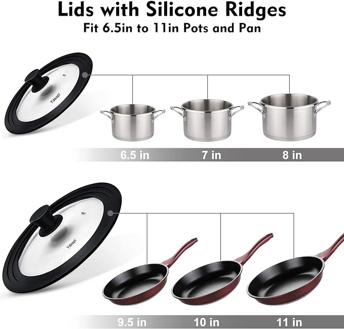 Universal Lids for Pots, Pans & Skillets - Fits 6.5", 7" & 8" Diameter, 9.5", 10" & 11" Diameter Cookware，Tempered Glass with High Heat Resistant Silicone Rim-2PK Cookware（2PK）