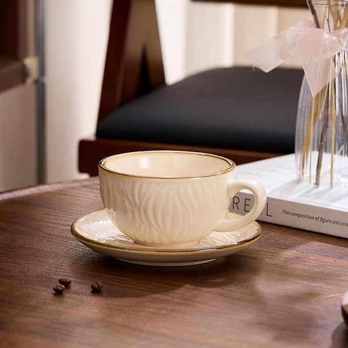 Vintage Design 12 oz Ceramic Latte Art Cappuccino Barista Cup with Saucer (Wave Beige)