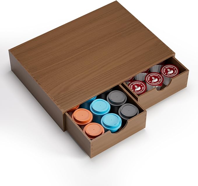 Wooden K Cup Holder - Coffee Pod Storage Drawer Tea Box, K Pod Organizer Coffee Maker Machine Stand, Kcup Holder for Counter, 30 Pod Capacity, Brown