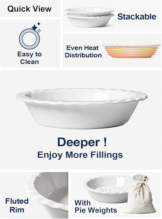 LE TAUCI Ceramic Pie Dish and Pie Weights Set, 9 Inches Deep Pie Pans for Baking, 52 OZ Round Fluted Pie Plates for Apple Pie, Quiche, Pot Pies, Tart – Set of 2, Classic White