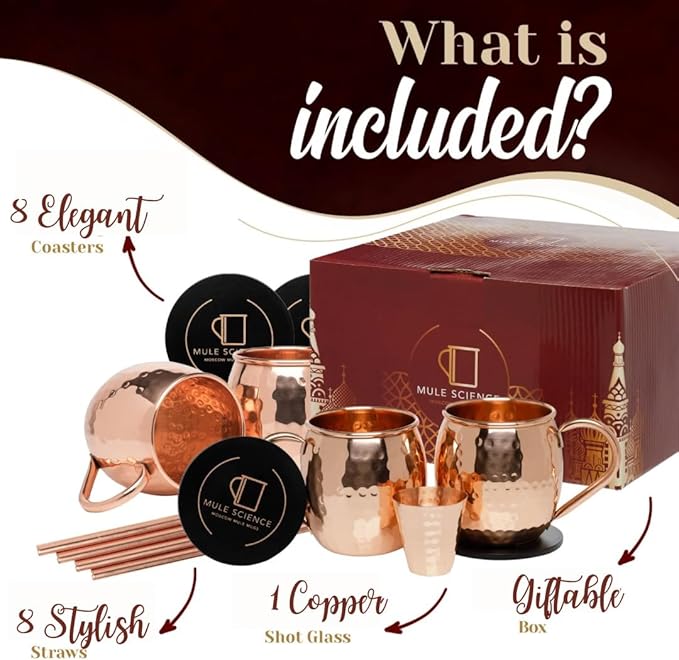 [Gift Set] Mule Science Moscow Mule Mugs Set of 8 (16oz) | Solid Barrel 100% Copper Mugs Set w/ 8 Straws, 8 Coasters & 1 Shot Glass | Handcrafted Tarnish-Resistant Food Grade Lacquer Coat