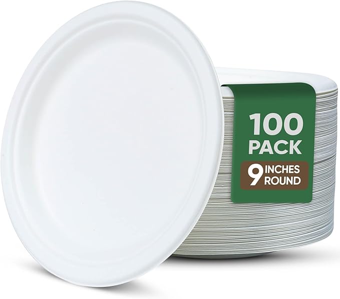 9 Inch Paper Plates 100 Pack - 100% Compostable Dinnerware | Leak & Grease Resistant Disposable Plates for Parties, Microwavable, Bulk Eco-Friendly - White