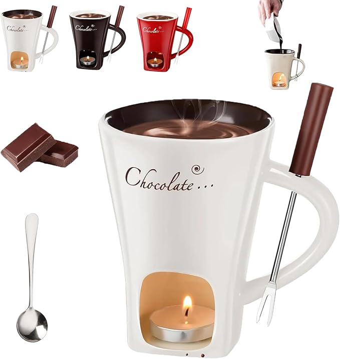 Meltie Cup, Portable Ceramic Meltie Cup Handcrafted Fondue Cups with Fork and Spoon, Chocolate Melting Mug Set for Desserts, Snacks (White)