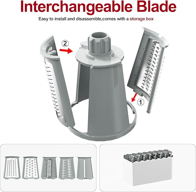Ourokhome Rotary Cheese Grater Cheese Shredder, Mandoline Vegetable Slicer with 5 Interchangeable Blades and Strong Suction Base for Fruit, Vegetables, Nuts White
