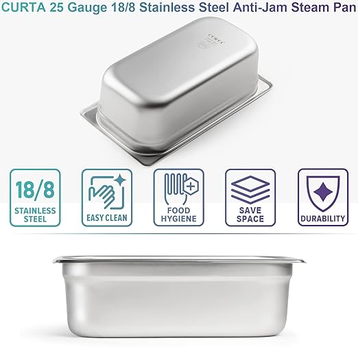 CURTA 6 Pack Anti-Jam Hotel Pans, 1/3 Size 4 Inch Deep, NSF Commercial 18/8 Stainless Steel Chafing Steam Table Pan, Catering Storage Metal Food Pan