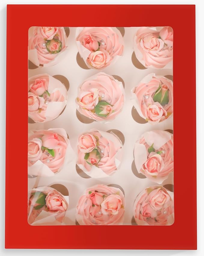 Bakepacker 12 Cupcake Containers 10-Packs Red Cupcake Box Cupcakes Carrier, 12 Cupcake Boxes with Window 13"x10"x3.5"（Auto-pop up）