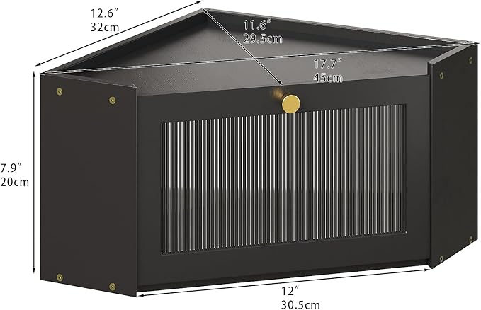 Corner Bamboo Bread Box for Kitchen Counter Large Capacity Rustic Bread Storage Container with Wavy Arcylic Transparent Door Vintage Storage for Homemade Bread (Black)