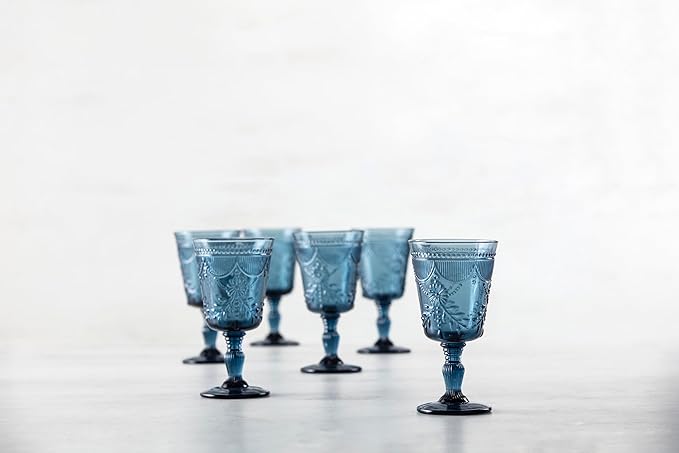 FORTESSA Debutante Vintage Themed Glassware, 10 Ounce Water Goblets (Set of 6), Dishwasher-Safe Water Glasses, Cornflower Blue
