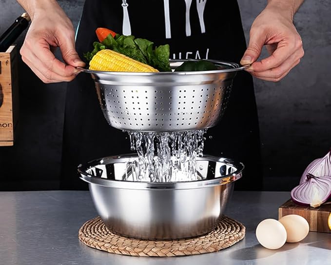 4-Piece Stainless Steel Mixing Bowls and Microporous Colanders Set, 3QT & 5QT Nesting Bowls with Fine Drain Strainers for Washing Rice, Fruits, Vegetables, Pasta, and More