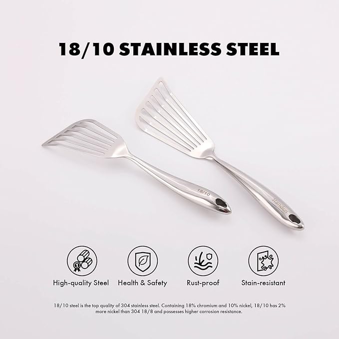 18/10 Stainless Steel Fish Spatula Set – 2 PCS All Metal Fish Spatula Turner, Shining Slotted Spatulas Set for Kitchen Use, Mirror Polished, Heavy-duty, Dishwasher Safe