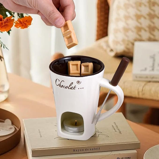 Meltie Cup, Portable Ceramic Meltie Cup Handcrafted Fondue Cups with Fork and Spoon, Chocolate Melting Mug Set for Desserts, Snacks (Black)