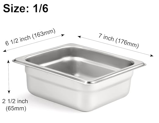 CURTA 6 Pack Anti-Jam Hotel Pans, 1/6 Size 2 1/2 Inch Deep, NSF Commercial 18/8 Stainless Steel Chafing Steam Table Pan, Catering Storage Metal Food Pan