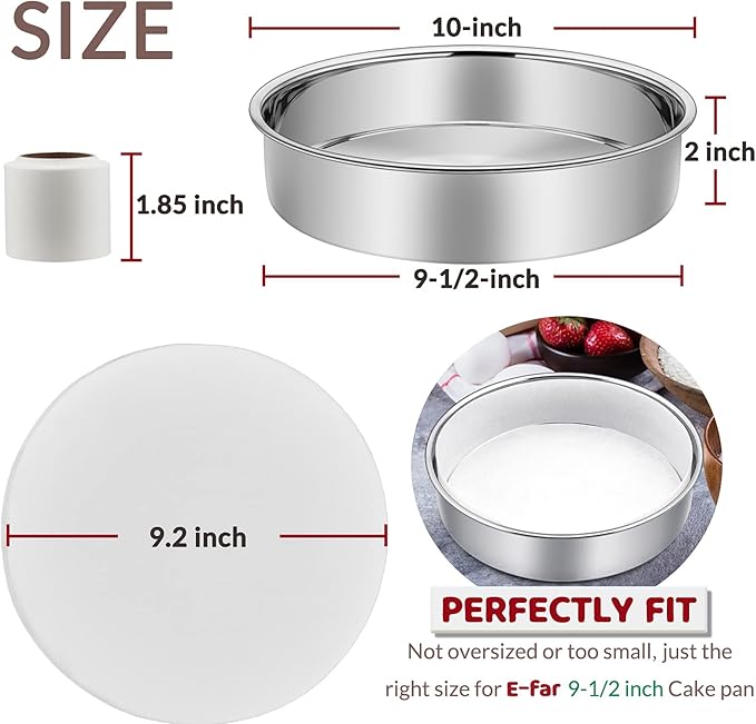 9½ Inch Cake Pan Set of 3, E-Far Stainless Steel Round Layer Cake Baking Pans with Parchment Rounds & Side Liner Roll, Non-Toxic & Healthy Metal Cakes Tin, Straight Side & Dishwasher Safe