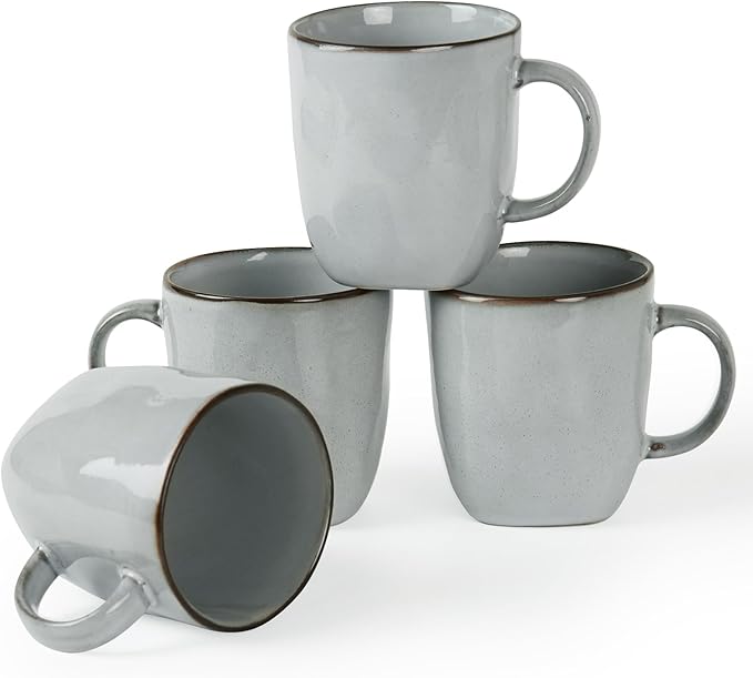 famiware Coffee Mugs Set of 4, Ocean Square 13oz Coffee Cup Set with Handle for Cocoa, Milk, Hot Chocolate, Tea, Water, Stoneware Cups for Kitchen, Microwave and Dishwasher Safe, Grey