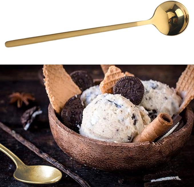 6 Pcs Golden Stainless Steel Round Dessert Spoons - Long Handle for Hot Chocolate, Ice Tea, Latte & Espresso