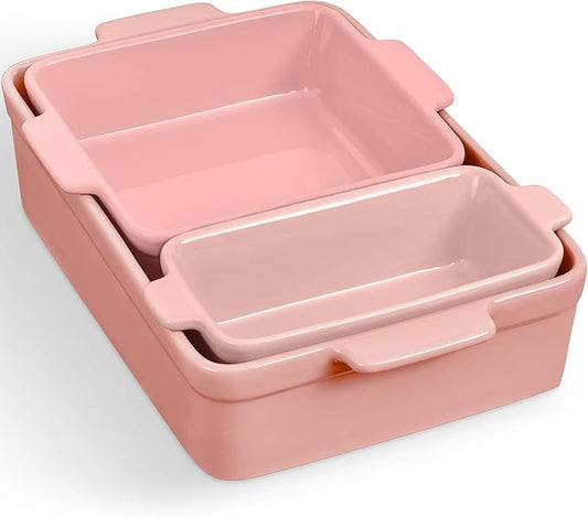 Best Choice Products Set of 3 Large Serving Trays, Party Platters and Ceramic Non-Stick Bakeware For Appetizers, Charcuterie, Snack, Dessert, Casserole, Sour Dough Bread Loaf - Pink Champagne