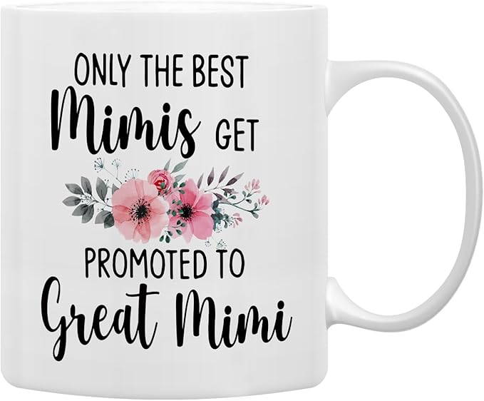 QASHWEY Mimi Coffee Mugs, Funny Pregnancy Announcement Gifts for Grandma, Great Grandma to Be, Double Side Printed Ceramic Mug Cup 11 Ounce