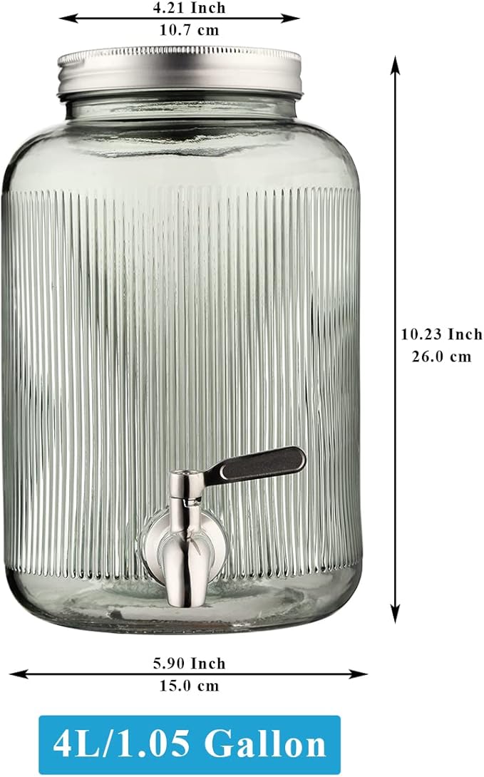 Berglander Glass Drink Dispenser for Fridge, 1 Gallon Beverage Dispenser with Leakproof Stainless Steel Spigot, Water, Laundry Detergent, Juice Dispenser for BBQ, Picnic, Parties and Events (Blue)