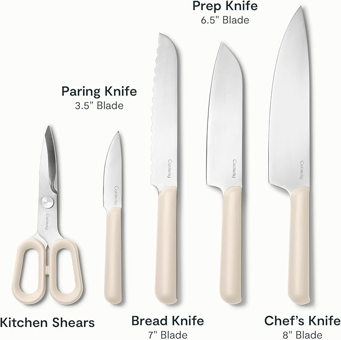 Caraway 14-Piece Kitchen Prep Set - Kitchen Knife Set & Wooden Utensil Set - Made With Premium German Steel Blades & FSC-Certified Birch Wood - Non-Toxic Materials - Includes Organizer - Cream