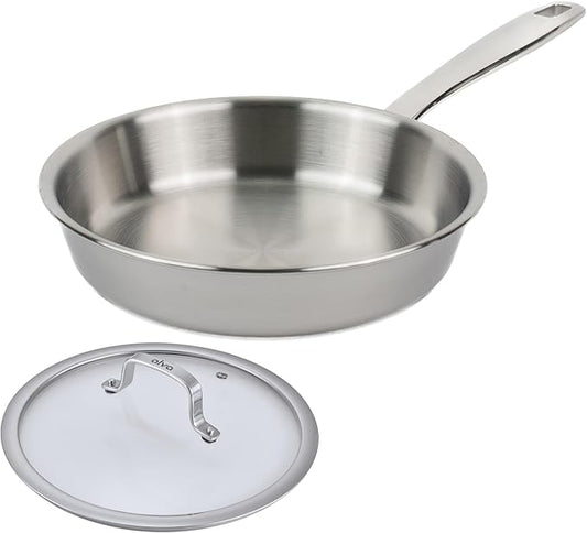 Alva Maestro 5-Ply Stainless Steel Frying Pan with Glass Lid 9.5" - Oven Safe and Made without PFAS, PFOA & PTFE - Induction and All Stovetop Compatible with Even Heat Distribution