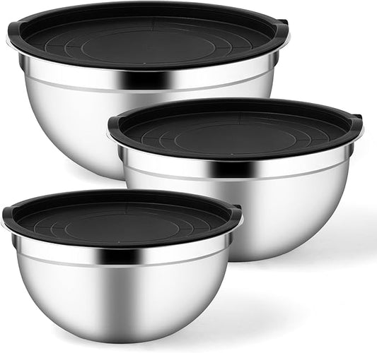 Mixing Bowls with Airtight Lids Set of 3, Stainless Steel Mixing Bowls, Nesting Salad Bowl for Prepping, Serving, Cooking, Kitchen, 4.5/2.5/1.5QT, Black