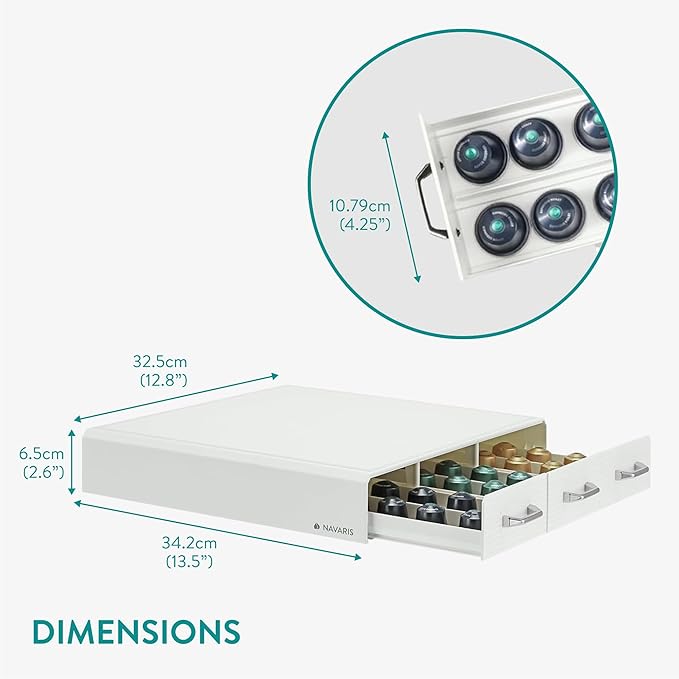 Navaris Coffee Capsule Triple Drawer - Coffee Pod Storage Drawer - Space-Saving Coffee Pods Organizer for Your Kitchen - Coffee Holder for Countertop - Fits Up to 48 Cups - White