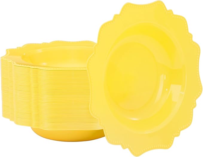 COLOSUS Yellow Plastic Party Bowls (60 Pack) 12 Oz Disposable Soup/Salad Bowl, Fancy Shatterproof Dinnerware for Easter, Catering, Holidays, Weddings, and Everyday Use