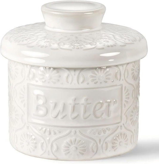 Ceramic Butter Crock with Lid, French Butter Dish with Water Line for Countertop, Butter Keeper for Spreadable Butter, Container Holder for Kitchen and Home Decor, 6.7 OZ, Vintage White
