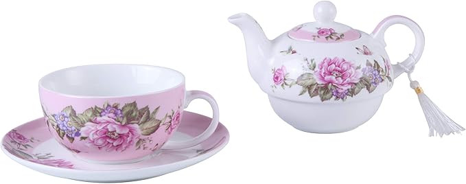 London Boutique Tea for One Teapot Cup Saucer Set Vintage Bird Rose Butterfly Flora New Bone China Gift Box (Pink)